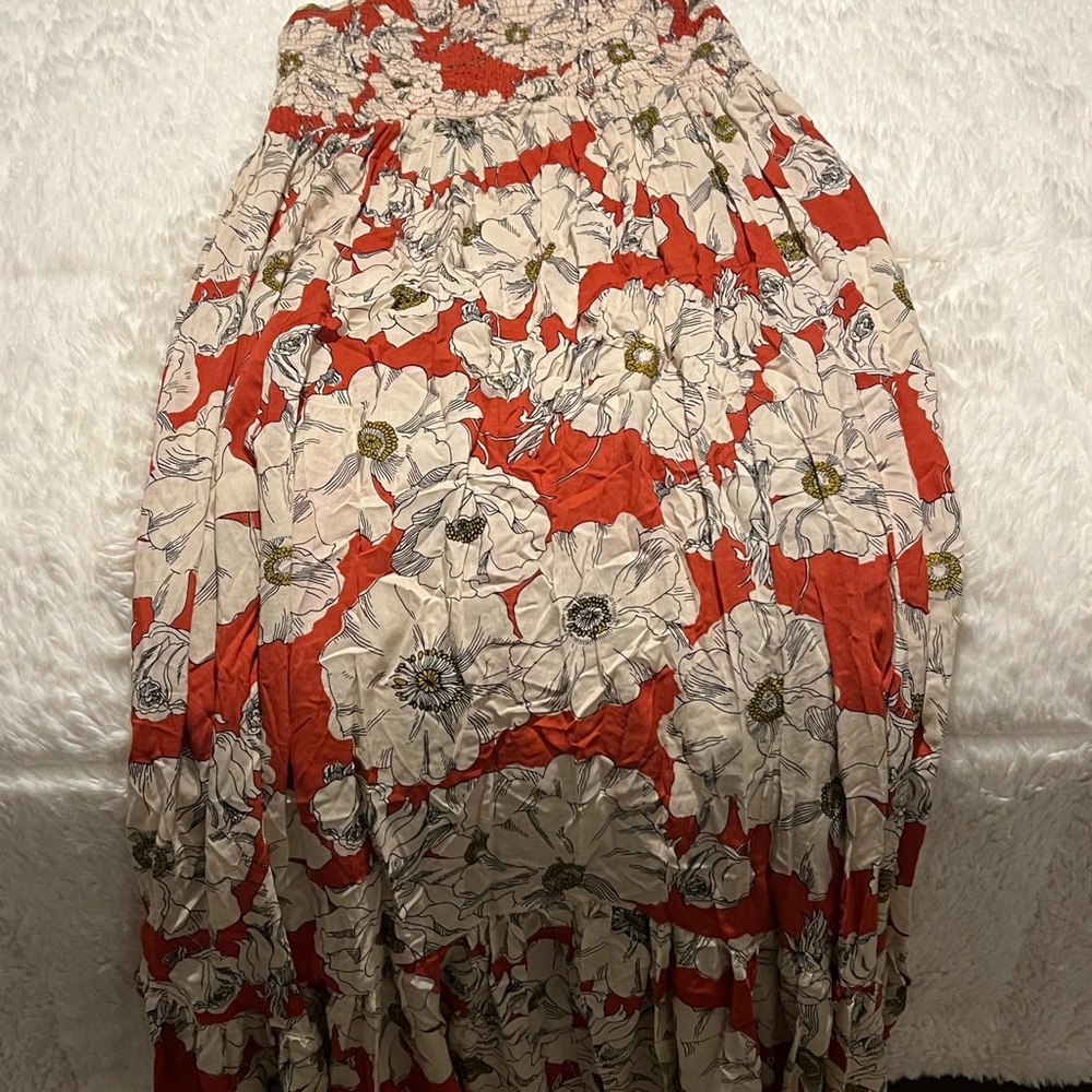 Free People Red and Cream Floral Midi Skirt